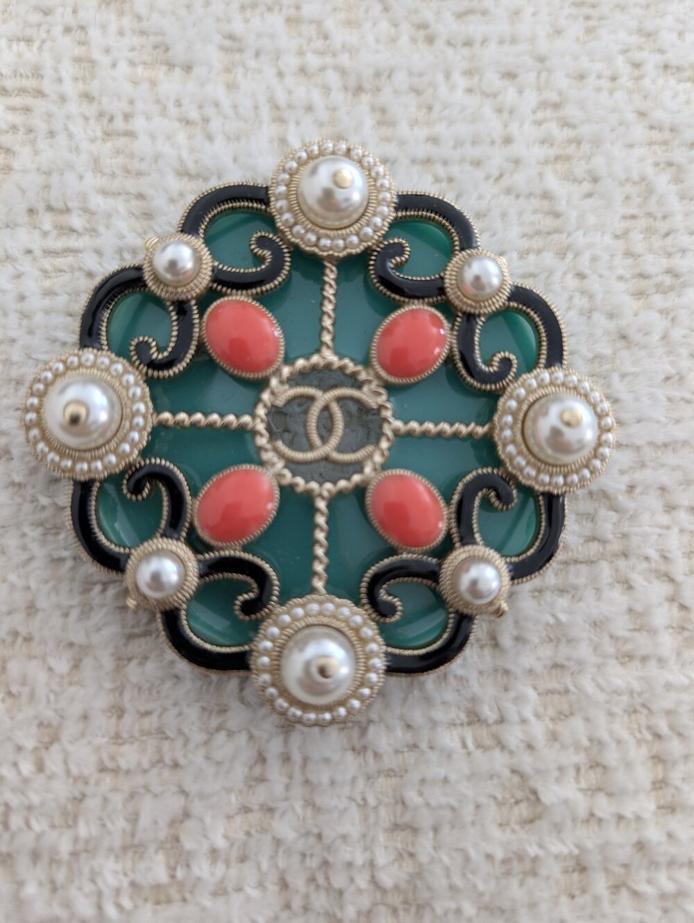 Chanel Green Enamel & Coral Pearl Brooch